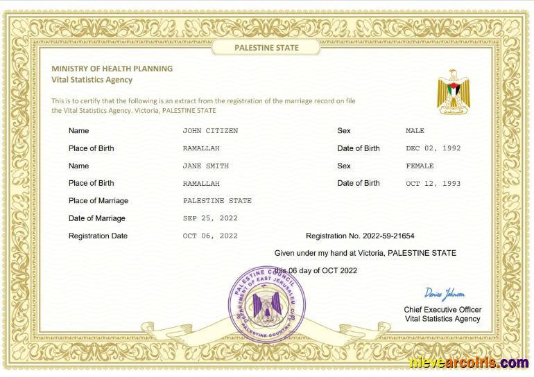 Palestine State marriage certificate